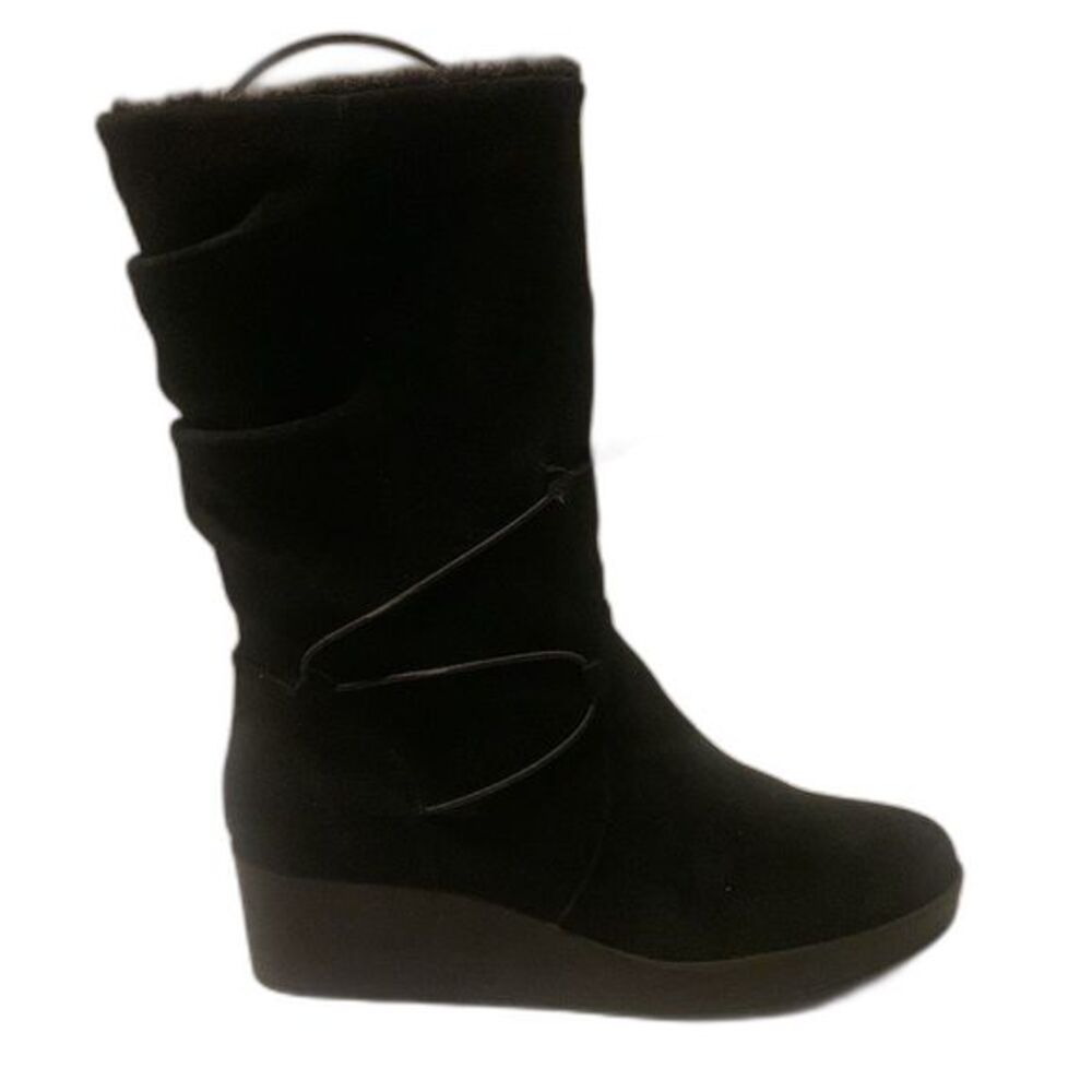 H by Halston Women's Leather Suede Black Boots with Faux Fur Size 10 Wedge